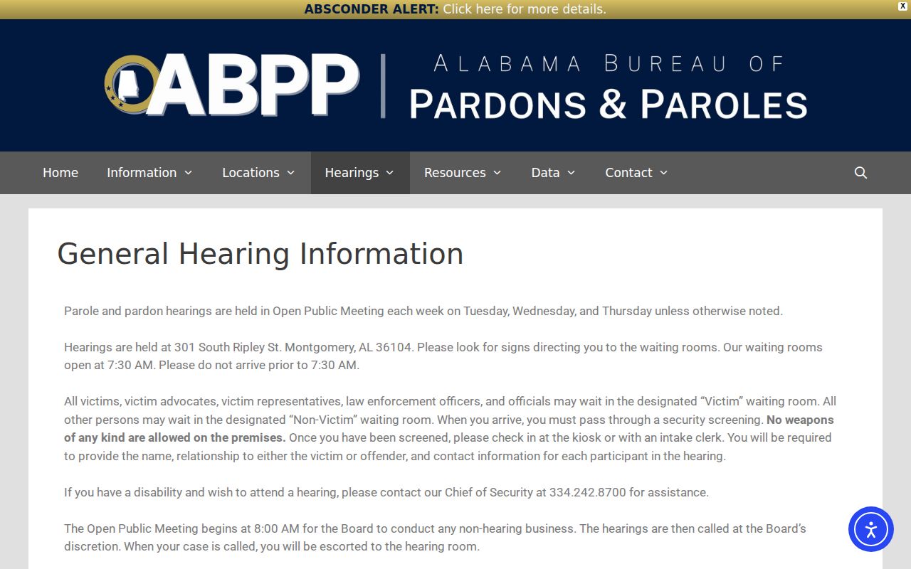 ABPP general hearing information page for Alabama parole hearings